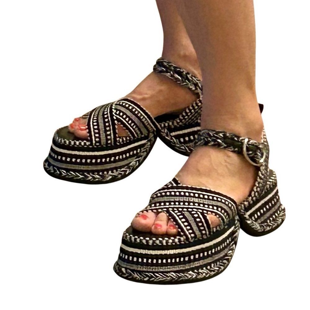 Amambaih Beatriz Platform Sandal Tapestry Noche Black White Blue Meril 40 9 - Picture 4 of 14